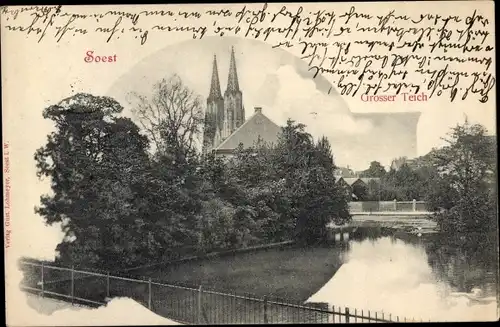Ak Soest in Westfalen, Großer Teich, Brücke, Kirche