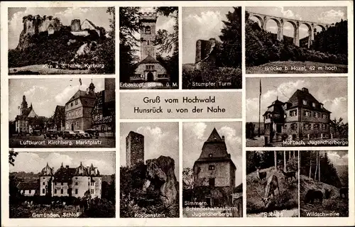 Ak Kirn an der Nahe in Rheinland Pfalz, Erbeskopf, Stumpfer Turm, Koppenstein, Schloss, Wildschweine