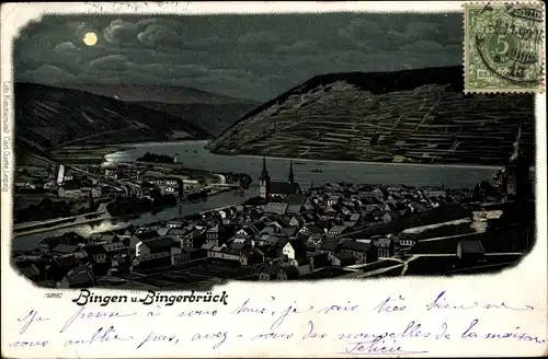 Mondschein Litho Bingen am Rhein, Bingerbrück, bei Nacht, Mond