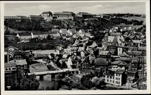 Ak Oberstein an der Nahe, Totalansicht vom Ort, Vogelschau, Fluss, Brücke