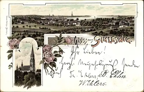 Litho Schleswig an der Schlei, Panoramablick auf den Ort mit Dom