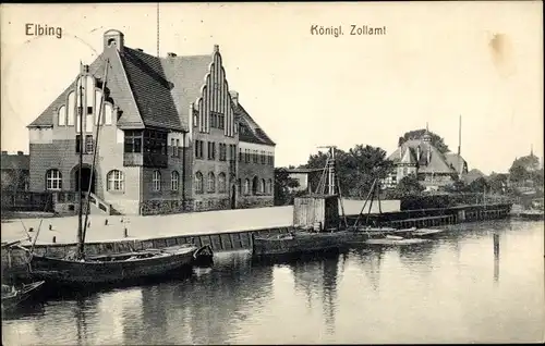 Ak Elbląg Elbing Ostpreußen, Königliches Zollamt, Flusspartie