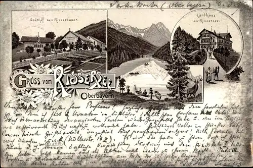 Litho Garmisch Partenkirchen in Oberbayern, Rießersee, Gasthof zum Risserbauer, Landhaus Rissersee