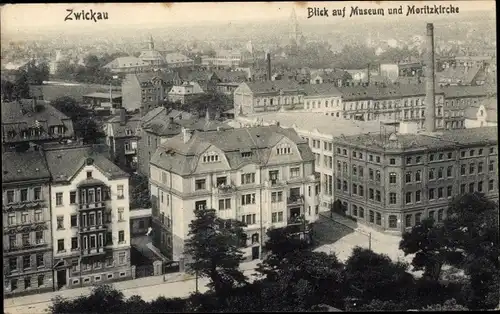 Ak Zwickau in Sachsen, Blick auf Museum und Moritzkirche