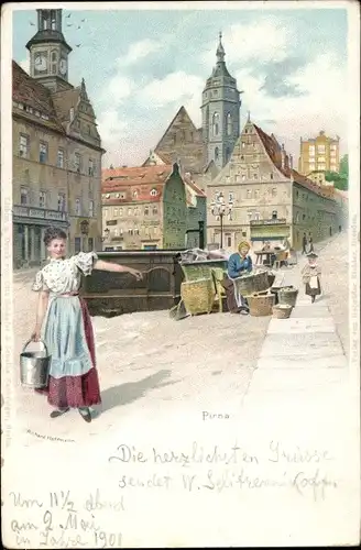 Künstler Litho Hoffmann, Richard, Pirna an der Elbe, Marktplatz, Brunnen