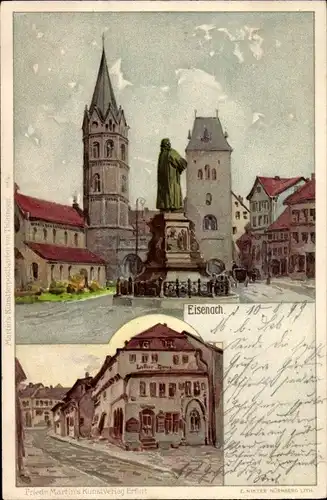 Litho Lutherstadt Eisenach in Thüringen, Straßenpartien, Denkmal, Kirche
