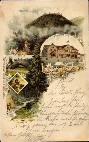 Litho Brotterode Trusetal in Thüringen, Inselsberg, Thorstein, Gothaisches Hotel, Zwerg