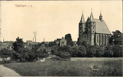 Ak Geithain in Sachsen, Partie im Grünen, Feldweg, Kirche, Ortsansicht, Schornsteine