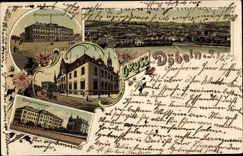 Litho Döbeln in Sachsen, Körnerplatzschule, Postamt, Realgymnasium