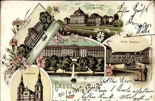 Litho Ludwigsburg in Württemberg, Schloss, Westportal, Monrepos, Stadtkirche