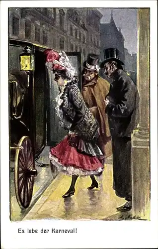Künstler Ak Es lebe der Karneval, Frau steigt in eine Kutsche ein