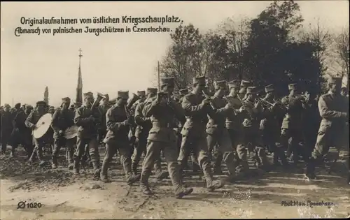 Ak Abmarsch von polnischen Jungschützen in Czenstochau, Kriegsschauplatz