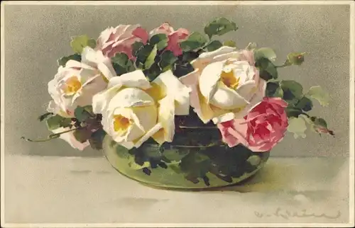 Künstler Ak Catharina Klein, Weiße und rosa Rosen in Vase, Meissner & Buch 2412