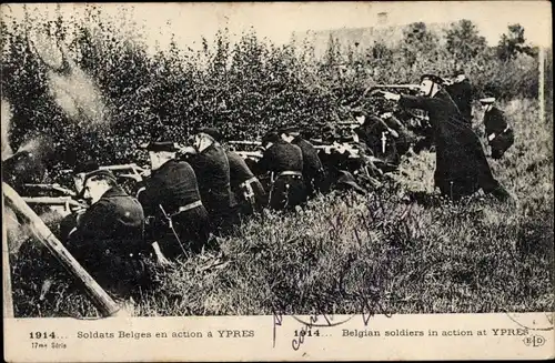 Ak Ypres Ypern Flandern, Soldats Belges en action, belgische Soldaten, Schlachtszene, I WK