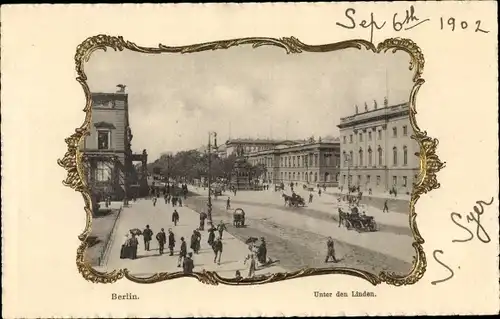 Passepartout Ak Berlin Mitte, Unter den Linden, Straßenszene, Kutschen