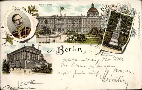 Litho Berlin Mitte, Kaiser Wilhelm II., Schloss, Denkmal Königin Luise, Nationalgalerie