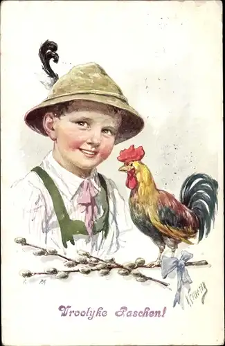 Künstler Ak Feiertag, Karl, Junge in Tracht mit Hahn, BKWI 4616 3