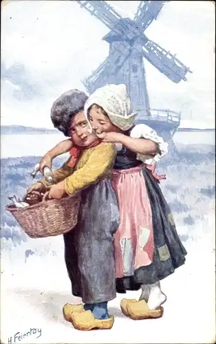 Künstler Ak Feiertag, Karl, Glückwunsch Geburtstag, Niederländer in Trachten, Windmühle