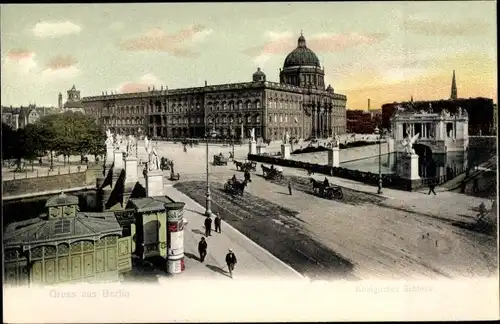 Ak Berlin Mitte, Schlossbrücke und Königliches Schloss, Litfaßsäule