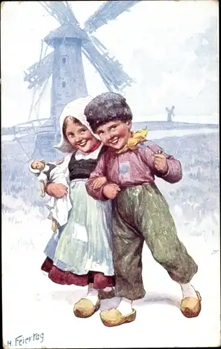 Künstler Ak Feiertag, Karl, Junge mit Pfeife, Mädchen, Windmühle