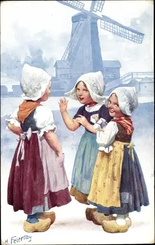 Künstler Ak Feiertag, Karl, Mädchen in niederländischen Trachten, Windmühle