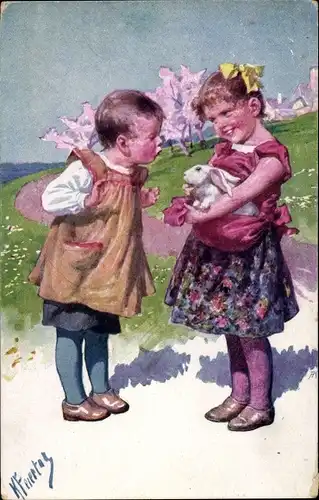 Künstler Ak Feiertag, Karl, Mädchen mit Kanninchen auf dem Arm, Freundin, BKWI