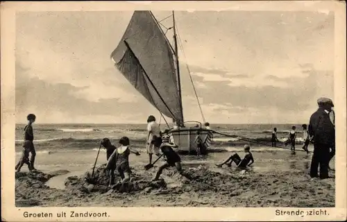 Ak Zandvoort Nordholland Niederlande, Strandgezicht, Segelboot, spielende Kinder