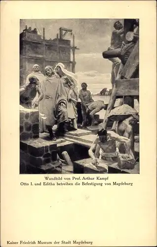 Ak Magdeburg, Wandbild v. Prof. Arthur Kampf, Otto I. u. Editha, Befestigung, Kaiser Fried. Museum
