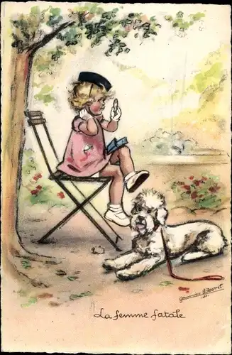 Künstler Ak Bouret, Germaine, La femme fatale, Hund, weißer Pudel