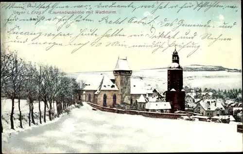 Ak Geyer im Erzgebirge Sachsen, Laurentiuskirche mit Wachturm, Winteransicht