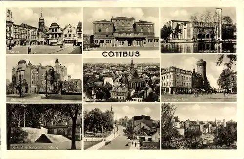 Ak Cottbus Brandenburg, Markt, Theater, Bahnhof, Turm, Brücke, Denkmal, Dieselkraftwerk