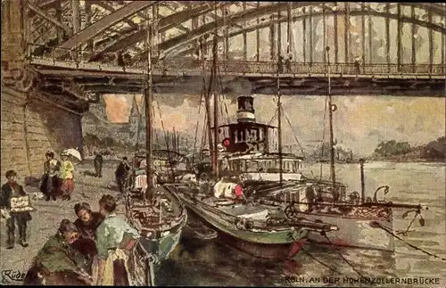 Künstler Ak Rüdell, Karl, Köln am Rhein, An der Hohenzollernbrücke, Dampfboot, Passanten