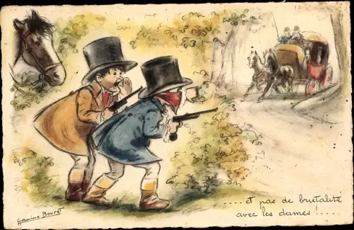 Künstler Ak Bouret, Germaine, Räuber lauern einer Kutsche auf