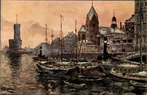 Künstler Ak Rüdell, Karl, Köln am Rhein, An St. Lyskirchen, Turm, Boote