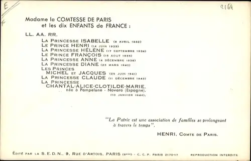 Ak Madame la Comtesse de Paris et les dix Enfants de France, Princesse Isabelle, Prince Henri