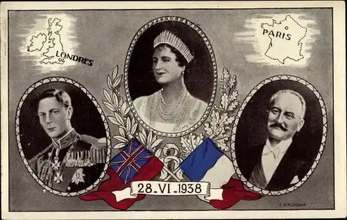 Ak King George VI., Queen Elizabeth Bowes Lyon, Président Albert Lebrun, 28.6.1938, London, Paris