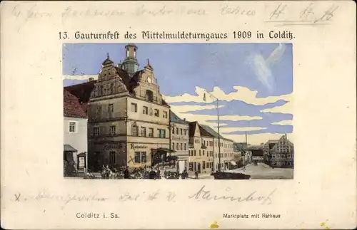 Ak Colditz in Sachsen, Marktplatz mit Rathaus, 13. Gauturnfest d. Mittelmuldeturngaues 1909