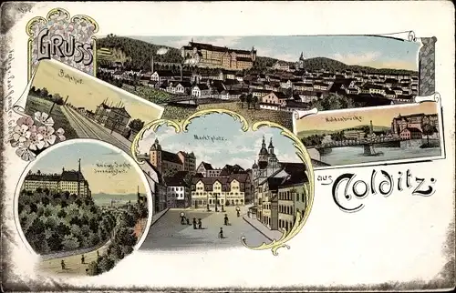Litho Colditz in Sachsen, Marktplatz, Bahnhof, Irrenanstalt, Muldenbrücke