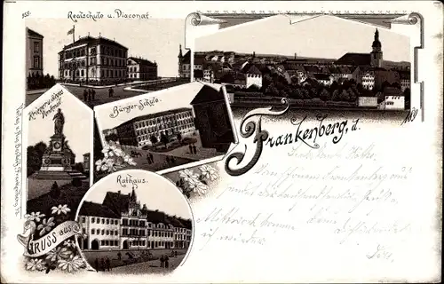 Litho Frankenberg an der Zschopau Sachsen, Realschule, Diaconat, Bürgerschule, Rathaus