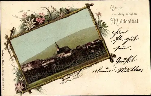 Passepartout Ak Wechselburg Muldenthal Sachsen, Blick auf den Ort mit Kirche