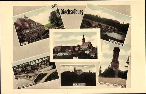 Ak Wechselburg in Sachsen, Brücke, Schloss, Rathaus, Rochsburg, Totale, Turm