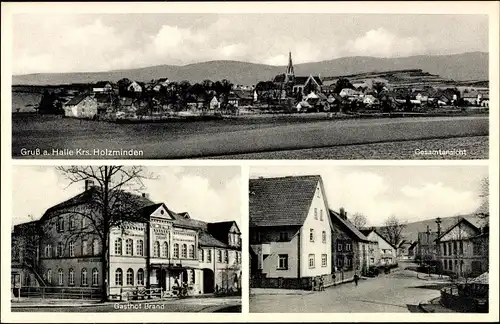 Ak Halle im Weserbergland Kreis Holzminden, Gasthof Brand, Straßenpartie, Panorama