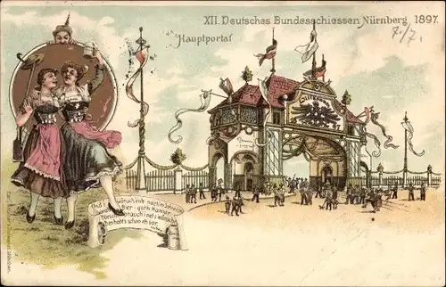 Litho Nürnberg in Mittelfranken, XII. Deutsches Bundesschießen 1897, Hauptportal, Damen in Tracht