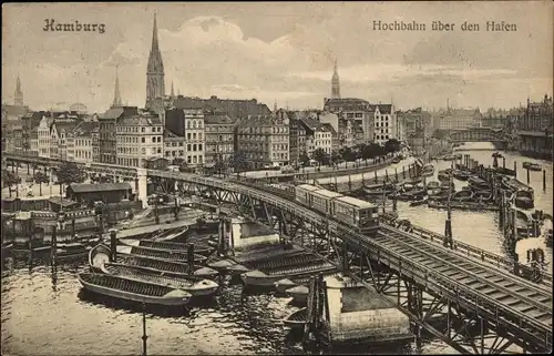 Ak Hamburg Mitte Altstadt, Hochbahn über dem Hafen