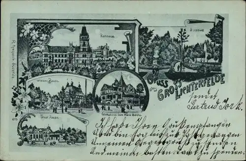 Mondschein Litho Berlin Steglitz Groß Lichterfelde, Solbad, Rathaus, Wirtshaus zum Hans Sachs