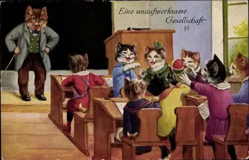 Ak Vermenschlichte Katzen in der Schule, Eine unaufmerksame Gesellschaft