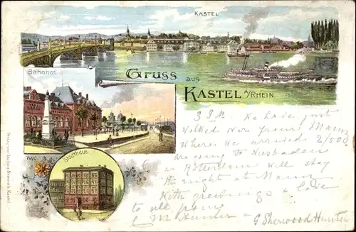 Litho Mainz Kastel am Rhein Wiesbaden in Hessen, Bahnhof, Stadthaus, Brücke, Dampfer