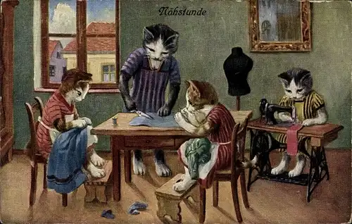 Ak Vermenschlichte Katzen beim Nähen, Nähstunde, Nähmaschine