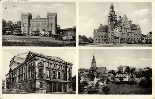 Ak Döbeln in Mittelsachsen, Bahnhof, Rathaus, Stadttheater, Schule, Kirche