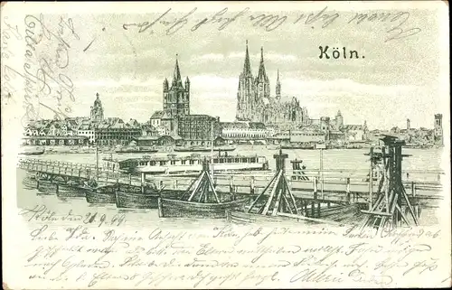 Litho Köln am Rhein, Rheinansicht, Dom, Boote